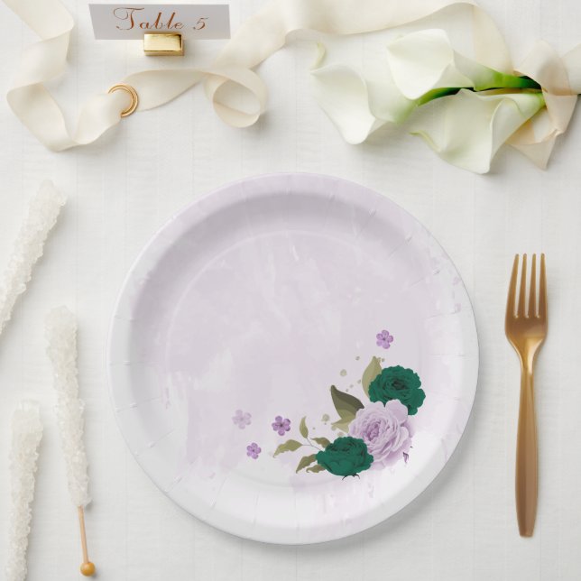 Assiettes En Carton mariage de fleurs violettes vert émeraude (Mariage)