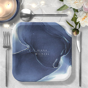 Assiettes En Carton Mariage de flux d'encre bleu ID762