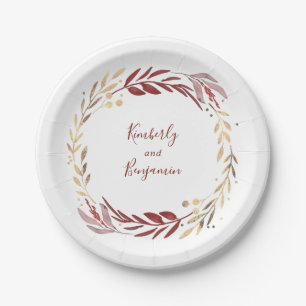 Assiettes En Carton Mariage de jardin élégant de Bourgogne et d'or