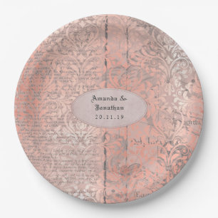 Assiettes En Carton Mariage de journal rose Gold Damask