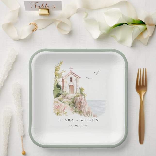 Assiettes En Carton Mariage de l'église catholique de l'aquarelle côti (Mariage)