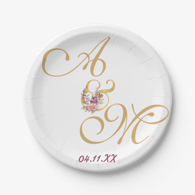 Assiettes En Carton Mariage de lettre Gold MONOGRAM PERSONNALISÉ (Devant)