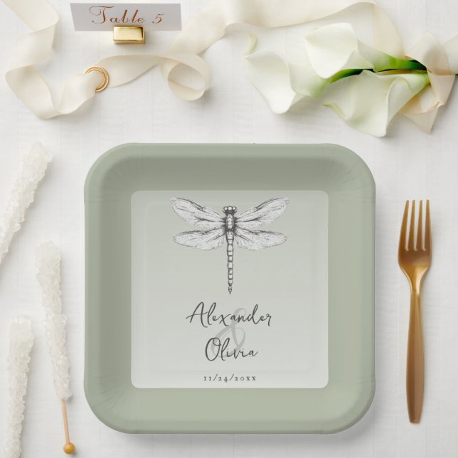 Assiettes En Carton Mariage de libellules de Sage Green (Mariage)