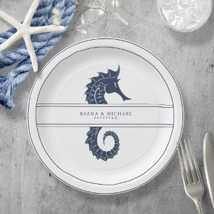 Assiettes En Carton Mariage de mer Blue Wave Navy/Wht ID836