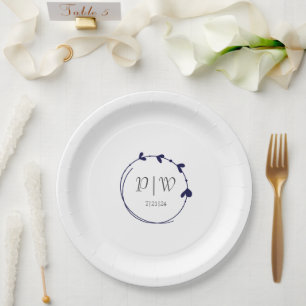 Assiettes En Carton Mariage de monogramme de couronne bleu marine