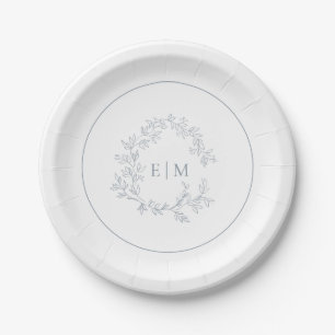 Assiettes En Carton Mariage de monogramme moderne Dusty Blue Leafy Cre