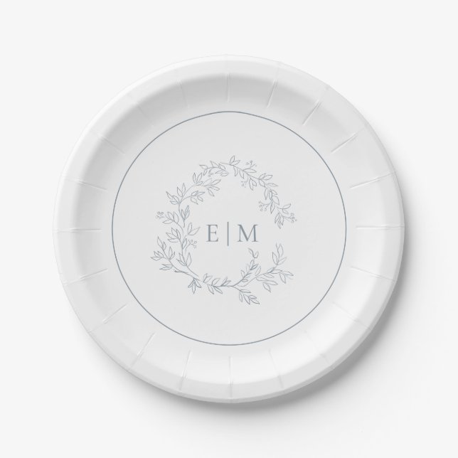 Assiettes En Carton Mariage de monogramme moderne Dusty Blue Leafy Cre (Devant)