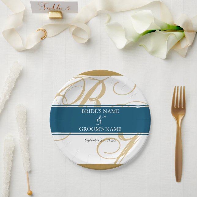 Assiettes En Carton Mariage de monogramme or Blue Elegant (Mariage)