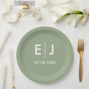 Assiettes En Carton Mariage de monogramme vert et blanc Sage
