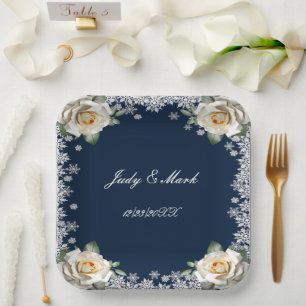 Assiettes En Carton Mariage de Noël des Flammes de neige Roses blanche