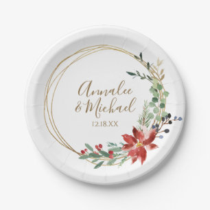 Assiettes En Carton Mariage de Noël Poinsettia Verdure Aquarelle