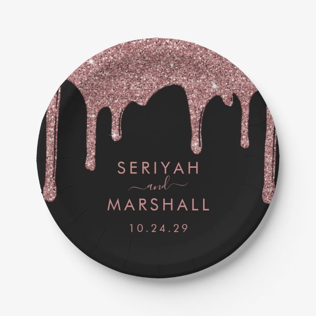Assiettes En Carton Mariage de Parties scintillant Rose noir à éclabou (Devant)
