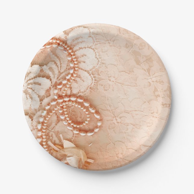 Assiettes En Carton Mariage de perles et dentelles | pêche parfaite (Devant)