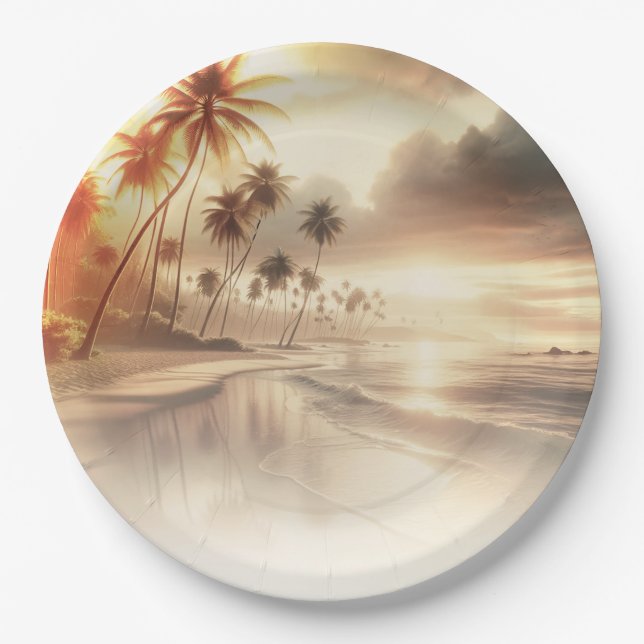 Assiettes En Carton Mariage de plage au coucher du soleil avec des pal (Devant)