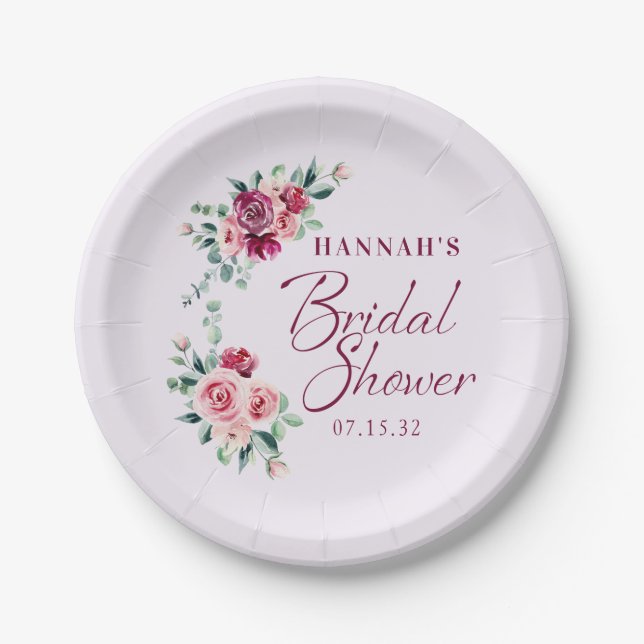 Assiettes En Carton Mariage de Rêve Gâteau Floral Bourgogne Rose (Devant)