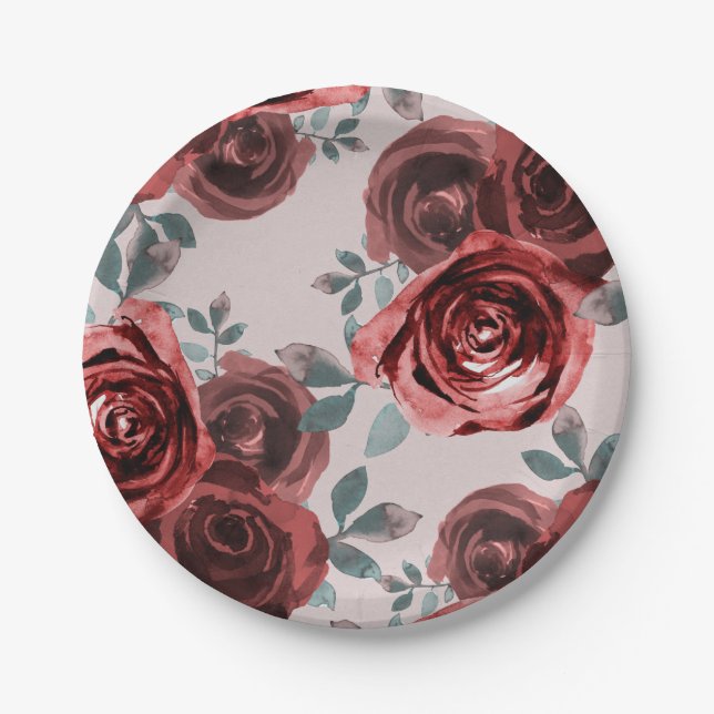 Assiettes En Carton Mariage de roses aquarelles bordeaux taupe et verd (Devant)