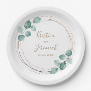 Assiettes En Carton Mariage de script Gold de l'Eucalyptus Watercolor 