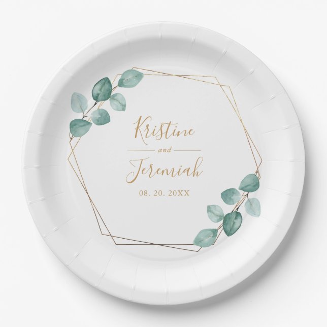 Assiettes En Carton Mariage de script or Eucalyptus moderne (Devant)