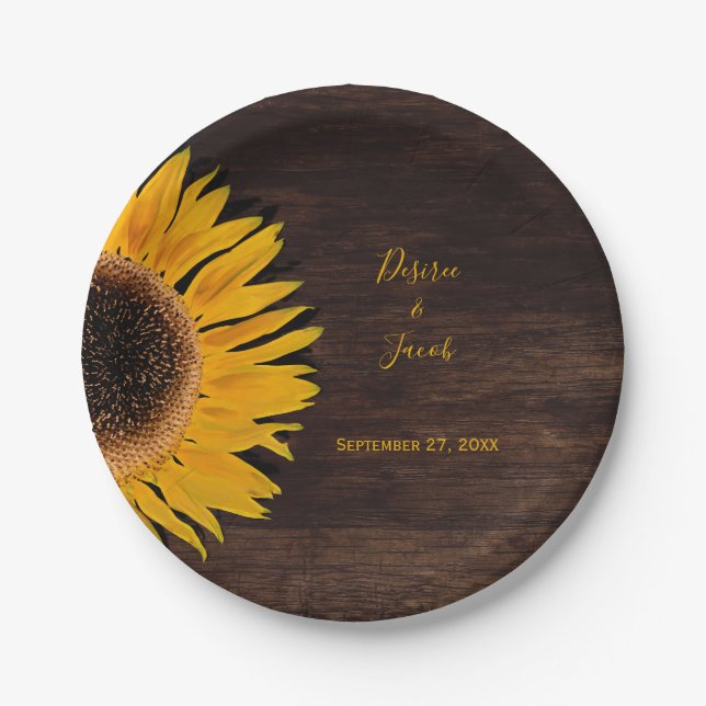 Assiettes En Carton Mariage de tournesol jaune Brown rustique (Devant)