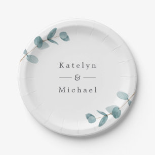 Assiettes En Carton Mariage de trames et noms Eucalyptus minimalistes 