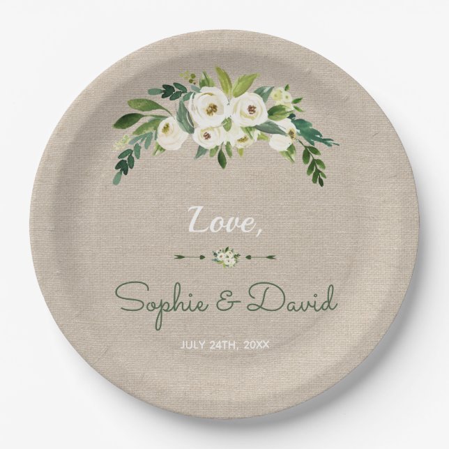 Assiettes En Carton Mariage d'écriture moderne de Burlap Floral Blanc (Devant)