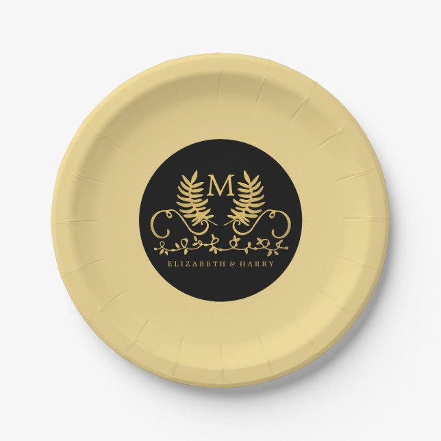 Assiettes En Carton Mariage d'emblème Floral d'or (Devant)