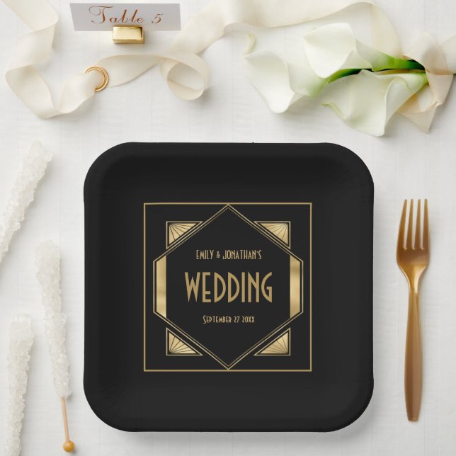 Assiettes En Carton Mariage des années 1920 Art Déco Frame Gold Black (Mariage)