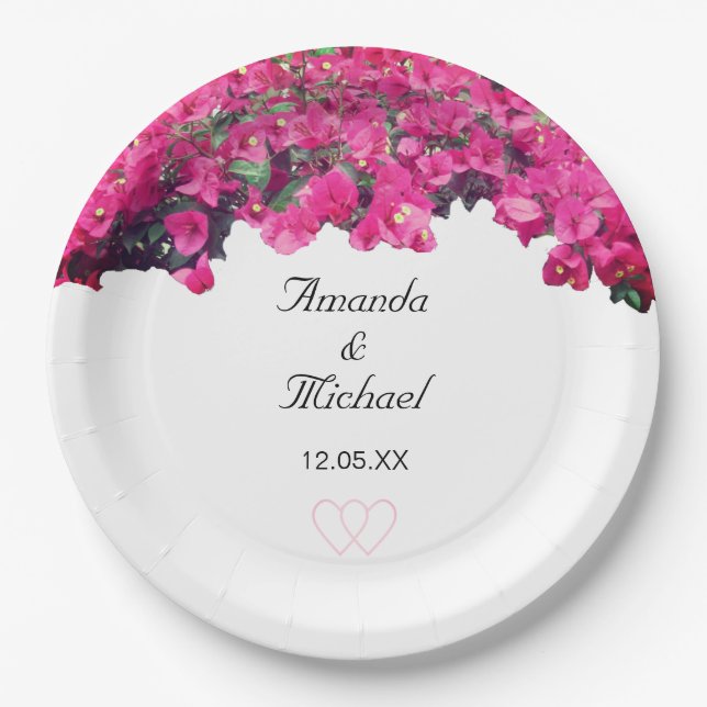 Assiettes En Carton Mariage des fleurs et des coeurs tropicaux (Devant)