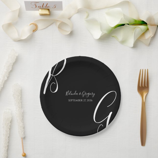 Assiettes En Carton Mariage des initiales du monogramme noir et blanc (Mariage)