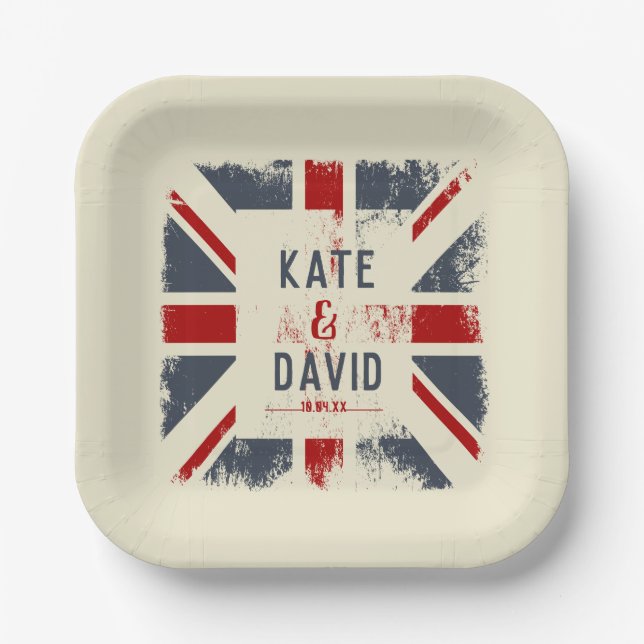 Assiettes En Carton Mariage des noms de couple Union Jack en détresse  (Recto)