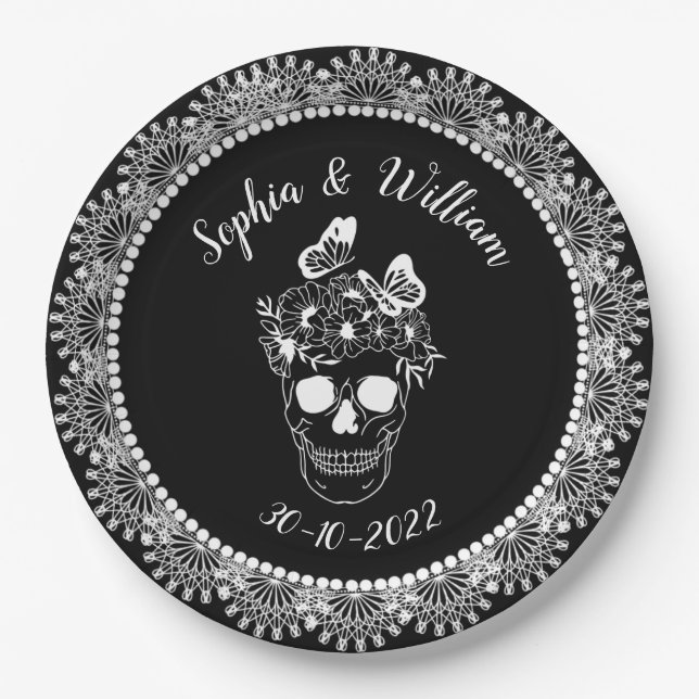 Assiettes En Carton Mariage d'Halloween noir blanc gothique (Devant)