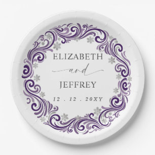 Assiettes En Carton Mariage d'hiver flocons de neige Violet Argent