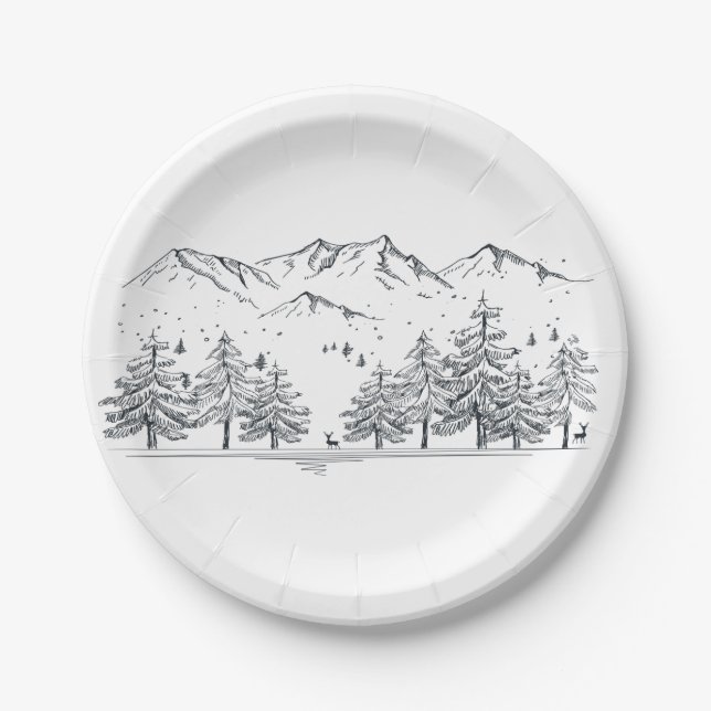 Assiettes En Carton Mariage d'hiver Montagnes Nature Arbres Pays (Devant)