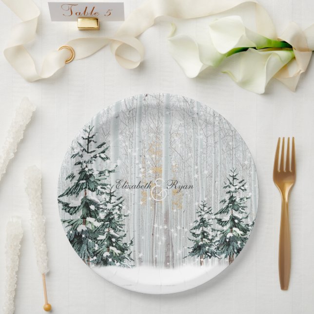 Assiettes En Carton Mariage d'hiver Sparkle Snowflakes Pine Trees (Mariage)