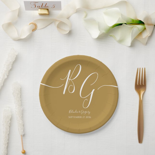 Assiettes En Carton Mariage d'initiaux dorés simple et élégant (Mariage)