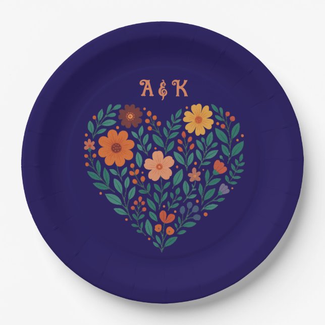 Assiettes En Carton Mariage du coeur floral (Devant)