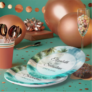 Assiettes En Carton Mariage élégant à l'aquarelle de plage tropicale