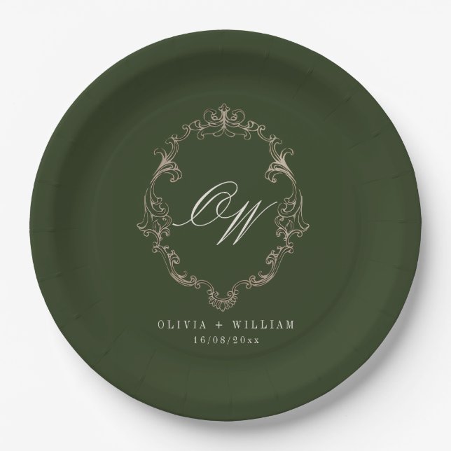 Assiettes En Carton Mariage élégant à monogramme vert olive (Devant)