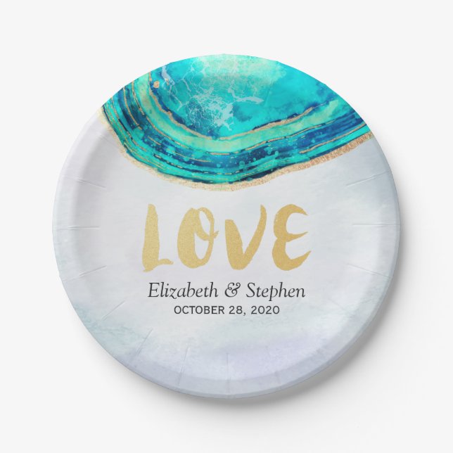 Assiettes En Carton Mariage Elegant Aquarelle Turquoise & Gold Agate G (Devant)