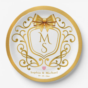 Assiettes En Carton Mariage élégant au monogramme vintage Couronne dor