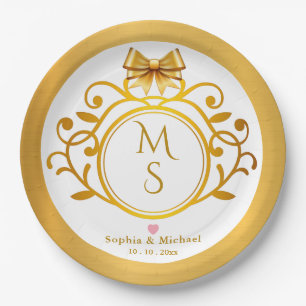 Assiettes En Carton Mariage élégant au monogramme vintage Couronne dor