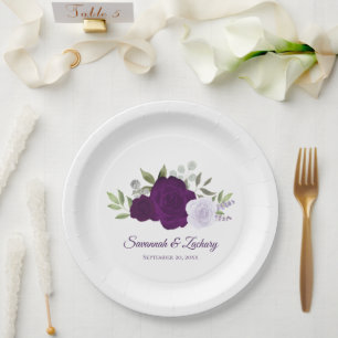 Assiettes En Carton Mariage Élégant aux Roses Mauves Bohème Aquarelle