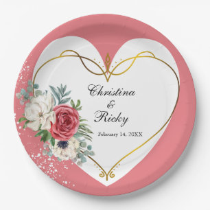 Assiettes En Carton Mariage élégant aux roses roses et blanches 
