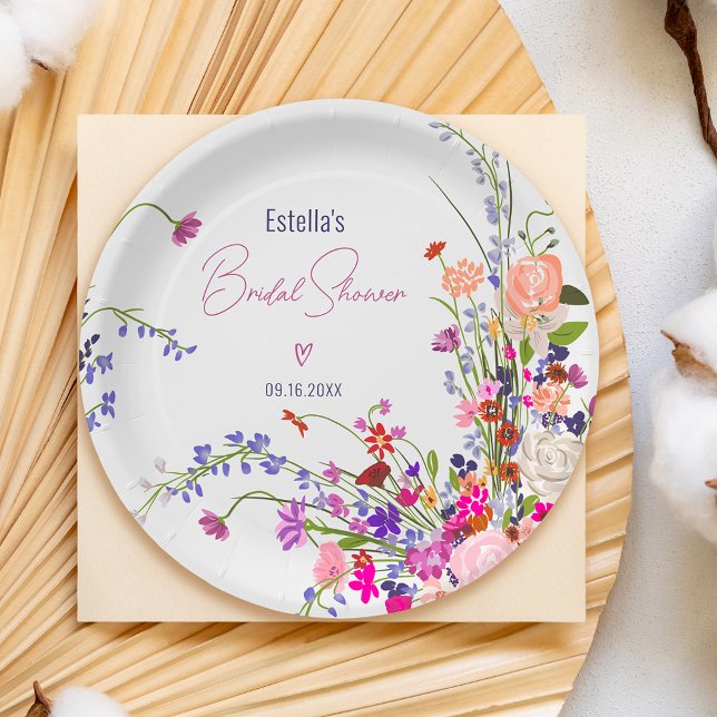 Assiettes En Carton Mariage élégant avec fleurs sauvages chic modernes (Modern chic wild flowers script bridal shower paper plates)