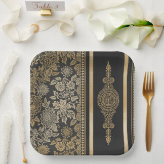 Assiettes En Carton Mariage élégant en noir et or avec dentelle floral
