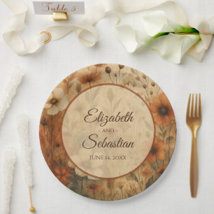 Assiettes En Carton Mariage Élégant Floral Aquarelle Bohème Sienne