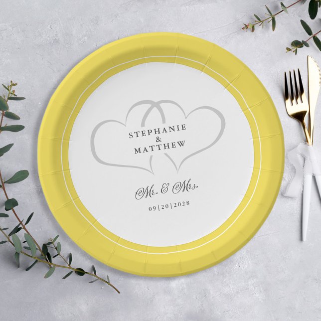 Assiettes En Carton Mariage élégant M & Mme Coeurs blancs jaunes (Elegant Wedding Mr & Mrs Yellow Gray White Hearts Guest Dinner Paper Plates)