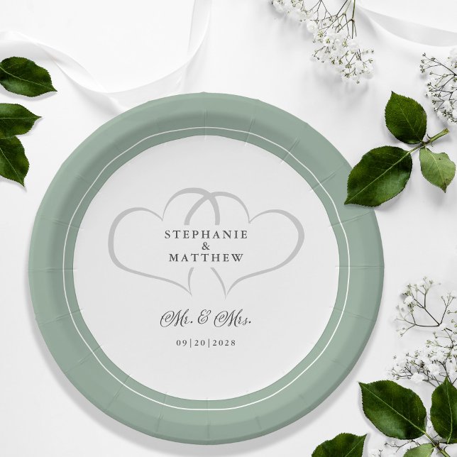 Assiettes En Carton Mariage élégant M & Mme Rustic Sage Coeurs verts (Elegant Wedding Mr & Mrs Rustic Sage Green Romantic Hearts Guest Reception Dinner Paper Plates)