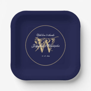 Assiettes En Carton Mariage Élégant Marine Bleu Et Or Monogramme Chic