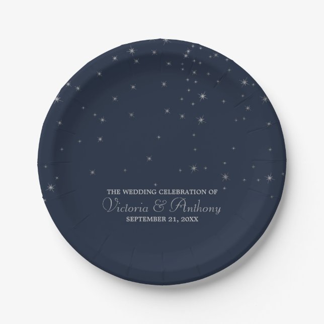 Assiettes En Carton Mariage Elegant Marine & Silver Falling Stars (Devant)
